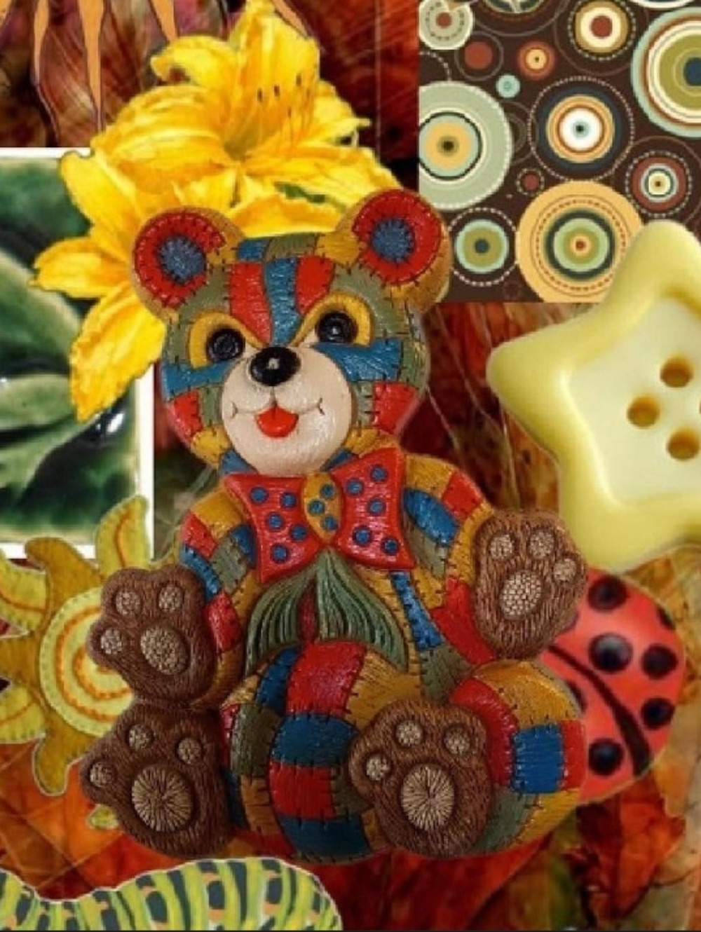 vintage 70s foam craft multi colored patchwork teddy bear w/ bow tie wall plaque